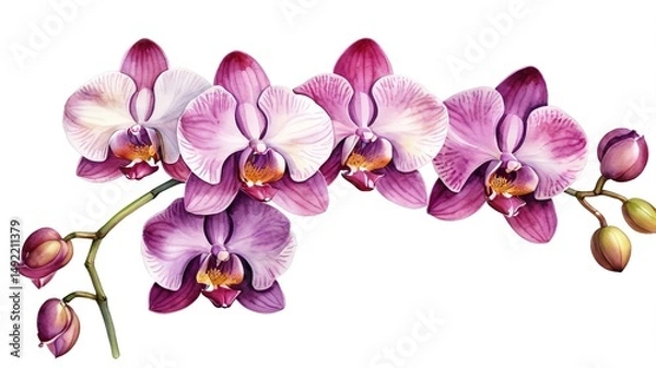 Fototapeta A Watercolor of orchid flowers branch isolated on a white background.
