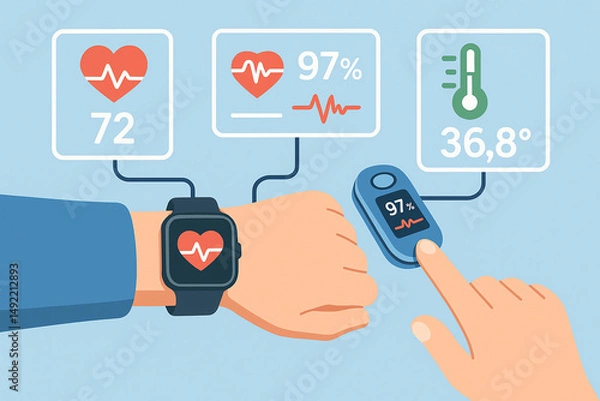 Fototapeta An illustration of health monitoring technology featuring a smartwatch displaying heart rate, blood oxygen levels, and temperature readings for a complete health overview.