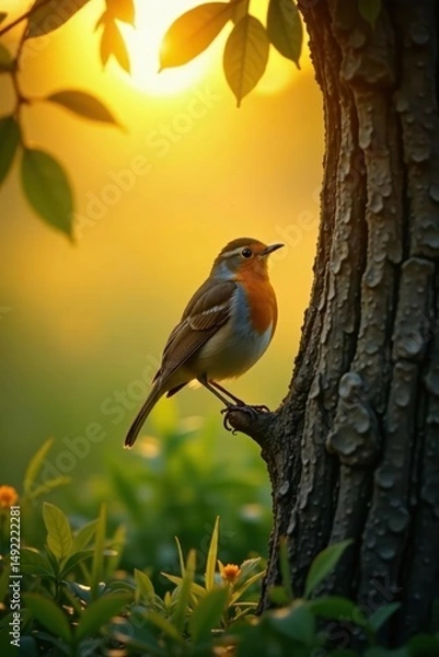 Fototapeta Golden hour light bathes robin in tree, melodious song , serene, daybreak