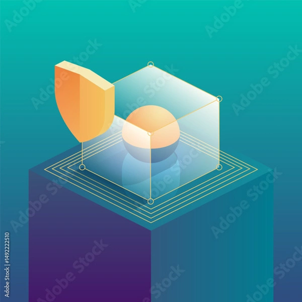 Obraz Shield and a sphere within a wireframe cube, positioned on a platform with concentric square patterns. Protection of the digital environment and secure communication. Isometric vector illustration