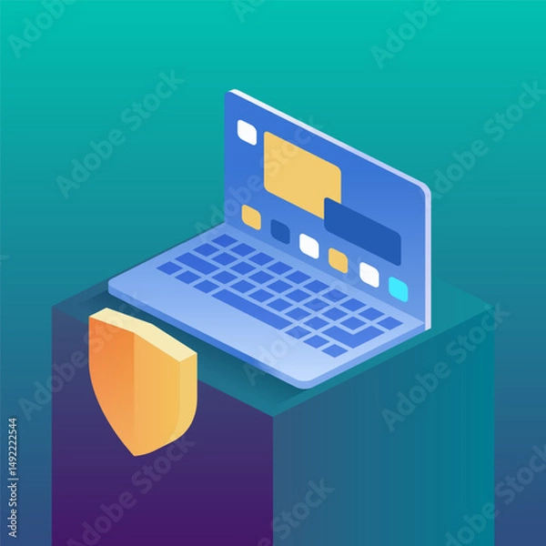 Obraz Laptop with a large translucent shield, symbolizing security and protection. Ideal for tech-related themes, cybersecurity concepts or innovative digital solutions. Vector isometric illustration