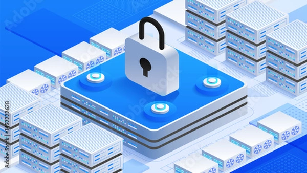 Obraz Online data protection isometric vector illustration. Large padlock and multiple server racks, digital security, data storage, and cybersecurity measures