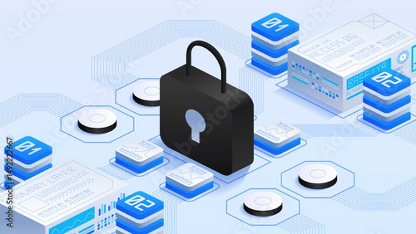 Obraz Internet security in software development. Large black padlock protection. Technological elements like circuit connections. The blue and white color scheme. An isometric vector illustration