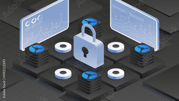 Obraz Cloud data protection with antivirus encryption cybersecurity. Padlock security. Stacks of servers with blue cooling fans. Two screens display data analytics graphs. Isometric vector illustration