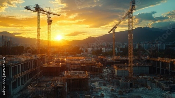 Obraz Sunset Construction Site Cityscape Cranes, Aerial View