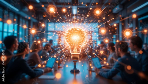 Fototapeta Team Brainstorm: Lightbulb Idea Sparking Connection in Meeting Room.