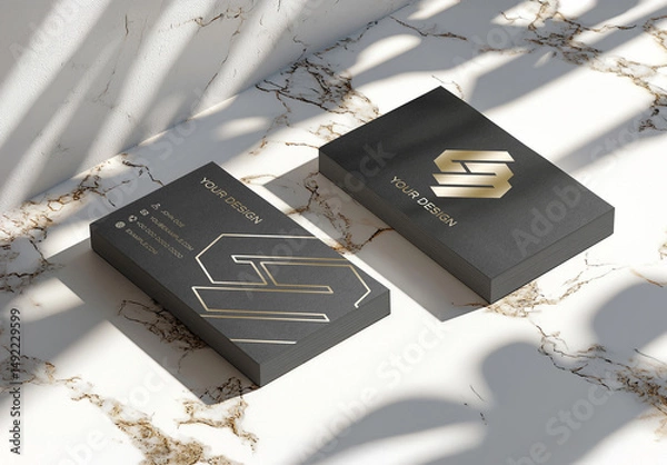 Obraz Two Black Business Card Stacks Mockup On A Marble Surface