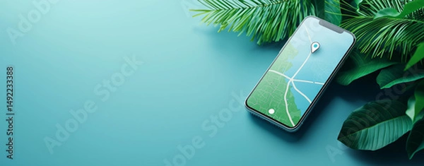 Fototapeta Smartphone displaying GPS navigation map rests vibrant pastel background, surrounded by lush green leaves, evoking sense of adventure