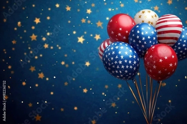 Fototapeta Cluster of festive balloons decorated with stars and stripes on a sparkling blue background, evoking celebration and patriotic joy
