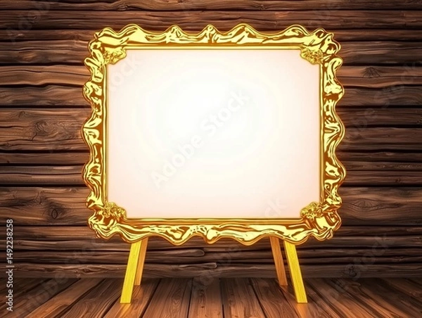 Fototapeta Decorative golden frame stands on wooden floor, showcasing its elegant design and empty space for artwork or messages