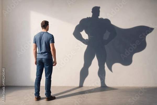 Obraz Man Stands Before Wall with Heroic Shadow, a Visual Metaphor for Potential, Inner Strength, and Recognizing the Power Within Oneself.