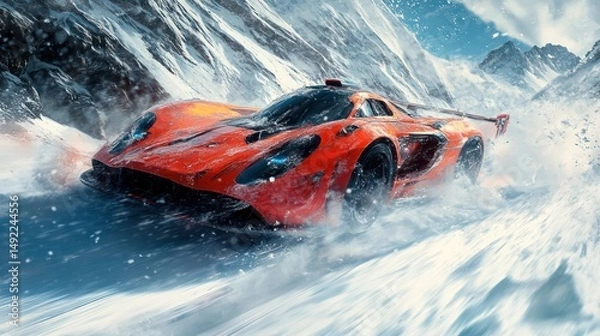 Obraz Red supercar snow mountain race, winter blizzard backdrop, speed action
