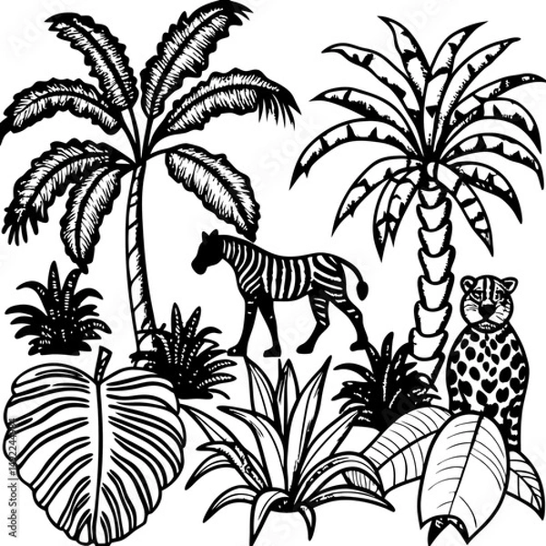 Fototapeta Black and white zebra and leopard in tropical paradise