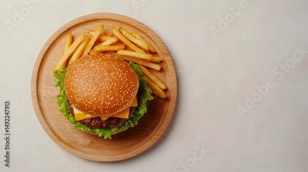 Fototapeta Delicious cheeseburger with fresh lettuce served on a wooden plate with crispy French fries on a light background