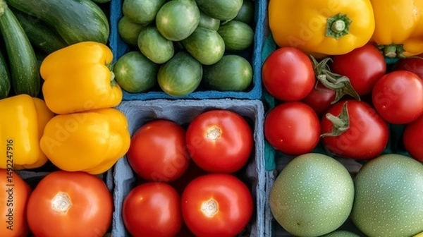 Fototapeta Fresh Organic Vegetables Displayed in Colorful Baskets at a Farmers Market for Healthy Eating and Cooking