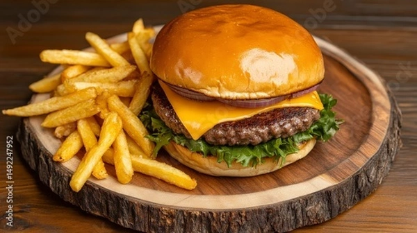 Fototapeta Delicious cheeseburger with fresh ingredients served with golden fries on a rustic wooden platter