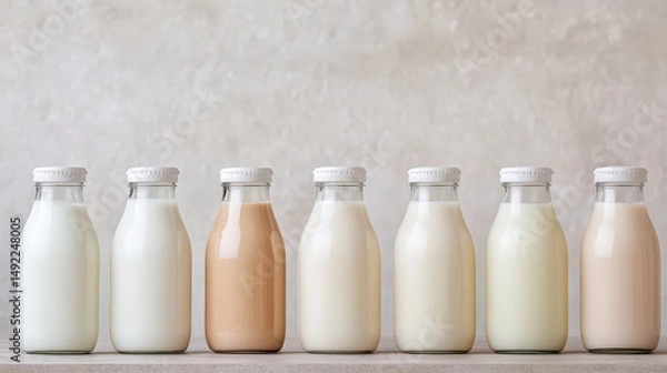 Fototapeta Various Flavors of Milk in Glass Bottles on Wooden Table Displayed Against Simple Background