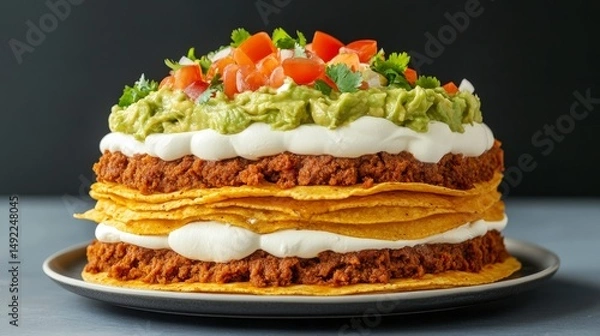 Fototapeta Layered Mexican Dish with Tortillas, Meat, Guacamole, Sour Cream, and Fresh Vegetables on a Plate