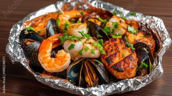 Fototapeta Grilled Seafood Platter with Shrimp, Scallops, Mussels, and Seasoned Garnish in Foil Dish