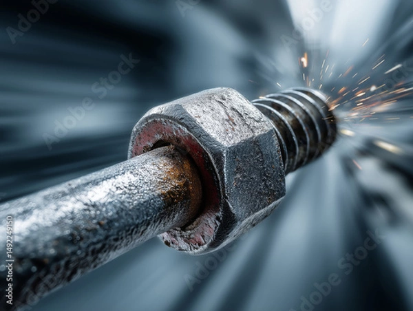 Fototapeta Close up of metallic bolt and nut with dynamic motion blur, showcasing sparks flying, creating intense and energetic atmosphere