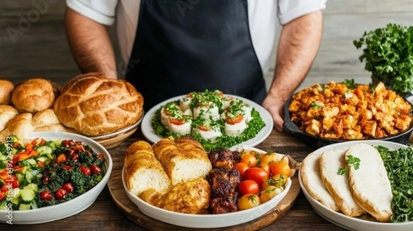 Fototapeta Assorted Delicious Dishes with Fresh Ingredients on a Wooden Table Ready for a Family Feast