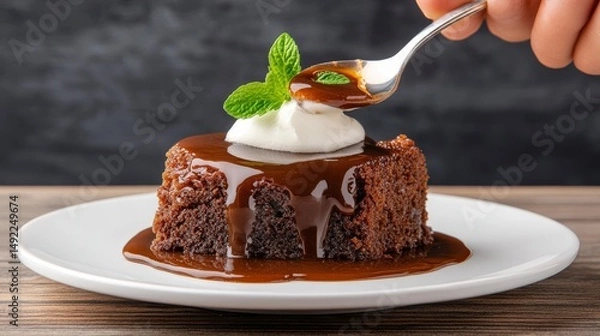 Fototapeta Decadent Chocolate Cake with Rich Sauce and Fresh Mint Leaf on a White Plate in a Cozy Setting