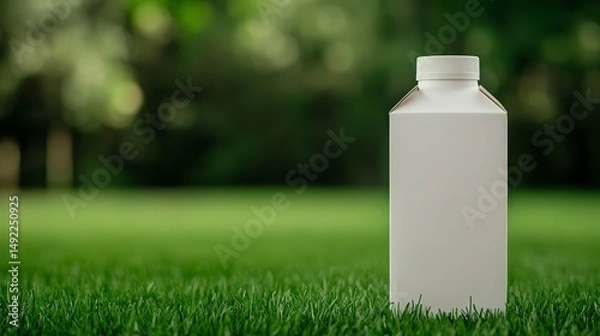 Fototapeta Plain White Carton on Green Grass in a Natural Outdoor Setting with Blurred Background