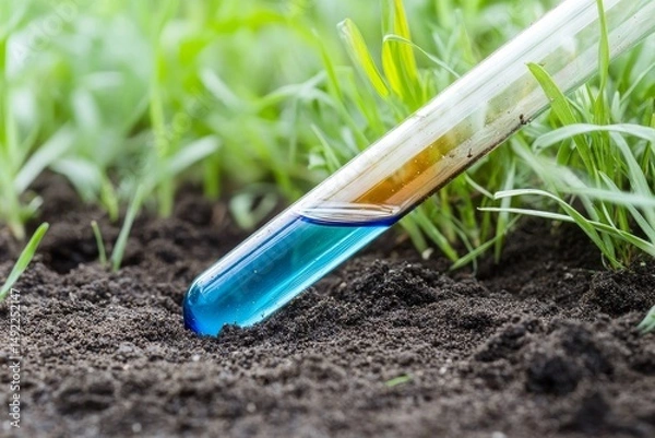 Fototapeta Using a simple pH meter to check the pH value of garden soil involves combining soil and reagent liquid in a glass test tube with a plug