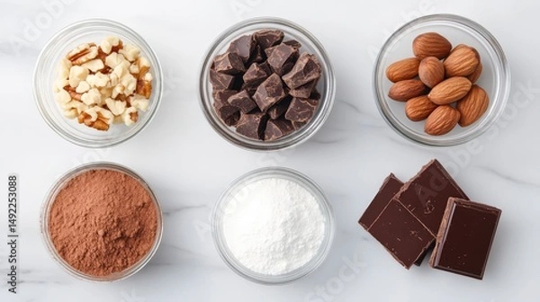 Fototapeta Assorted Ingredients for Baking Chocolate Desserts on a Marble Surface with Nuts and Cocoa Powder
