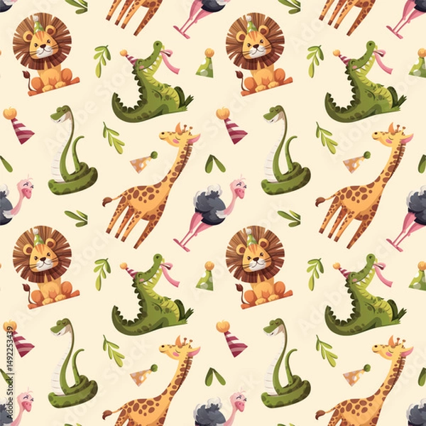 Fototapeta Seamless pattern with cute crocodile, lion, giraffe, ostrich, snake. Birthday concept. Vector illustration for scrapbooking, background, wrapping paper.