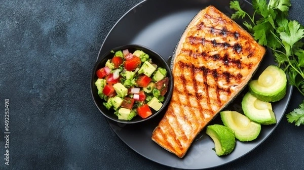 Fototapeta Grilled Salmon Fillet with Avocado Slices and Fresh Salsa on a Black Plate Perfect for Healthy Eating