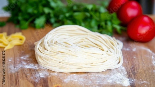 Fototapeta Freshly Made Fettuccine Pasta on Wooden Surface with Tomatoes and Herbs in Background