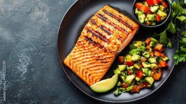 Fototapeta Grilled Salmon Fillet with Fresh Salsa and Lime on Black Plate Ideal for Culinary and Food Photography Projects