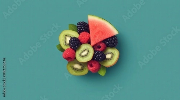 Fototapeta Vibrant Assortment of Fresh Fruits Displayed on a Colorful Background for Healthy Eating Promotion
