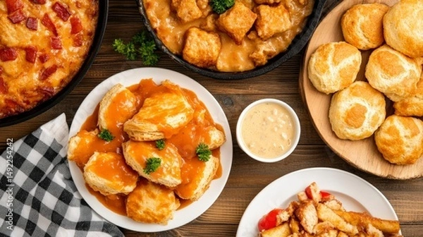 Fototapeta Delicious Southern Comfort Food Spread Featuring Biscuits, Chicken, Gravy, and Casserole on a Rustic Table