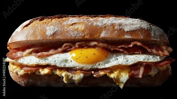Obraz Bacon, egg, and cheese baguette sandwich, dark background, breakfast food photography