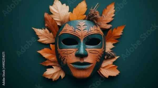 Fototapeta Colorful Wooden Mask Surrounded by Autumn Leaves on a Dark Background for Artistic Backgrounds and Designs