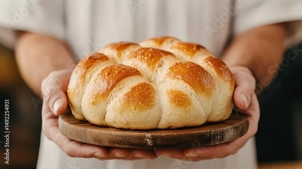 Fototapeta Freshly Baked Dinner Rolls on Wooden Plate Held by Person with Warm Smile in Rustic Kitchen Setting