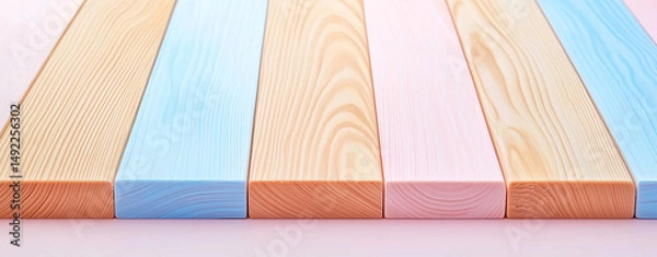 Fototapeta Minimal pastel background with wooden planks in soft colors of blue, pink, and peach, creating serene and calming atmosphere
