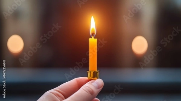 Fototapeta Close-up of a Hand Holding a Yellow Candle with a Flickering Flame in a Dimly Lit Background