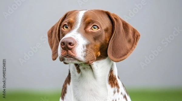 Fototapeta Elegant brown and white dog portrait against a gentle grey background showcasing soft features and attentive expression