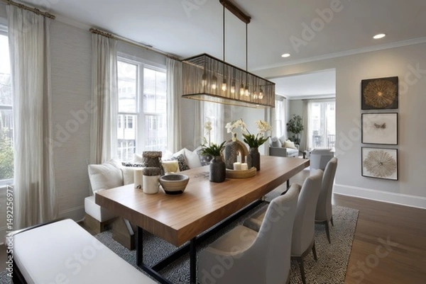 Fototapeta Sleek home office with a minimalist desk, soft lighting, and modern decor for a sophisticated space.
