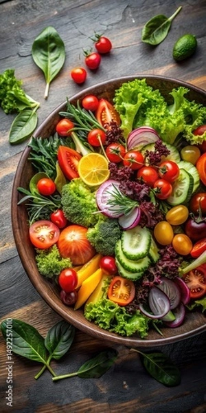 Fototapeta Colorful mixed greens and vegetables arranged in a bowl