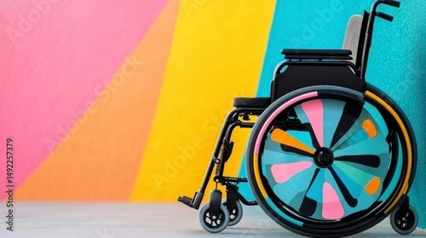 Fototapeta Colorful Wheelchair Against Vibrant Background Showcasing Accessibility and Inclusivity in Modern Design