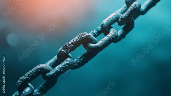 Fototapeta Close-Up of a Rusted Metal Chain Against a Soft Blue Background with Bokeh Effects