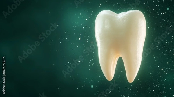 Fototapeta High-Quality Illustrative Tooth on Soft Green Background with Sparkles and Flare Effects for Dental Themes