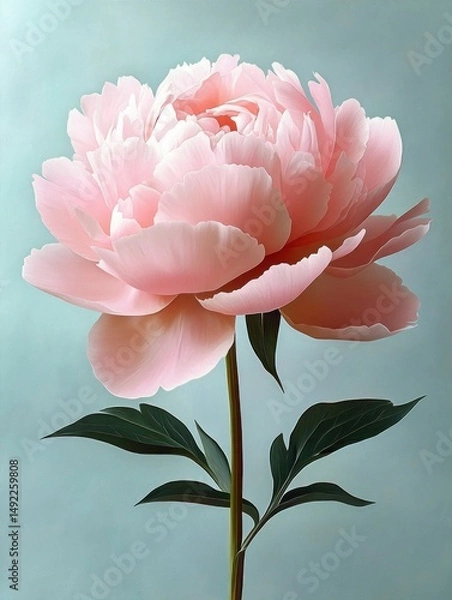 Fototapeta Close-up of a delicate pale pink peony flower with soft layered petals and green leaves against a muted blue background evoking calm and beauty