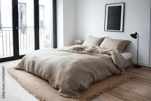 Fototapeta An interior view of a luxury bedroom with a bed and window is presented