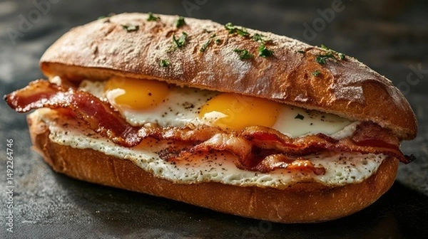Obraz Bacon, egg sandwich, breakfast, roll, rustic, kitchen, food photography, appetizing, meal