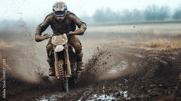 Obraz Muddy motocross rider speeds through rural track, dust and mist